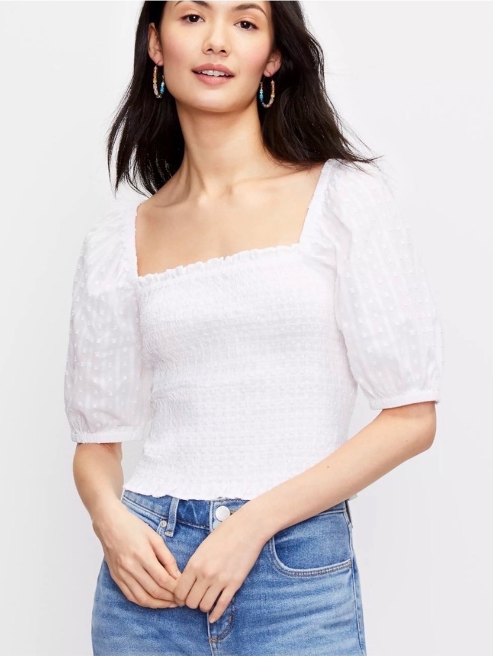 LOFT White Smocked Square-Neck Puff Sleeve Top